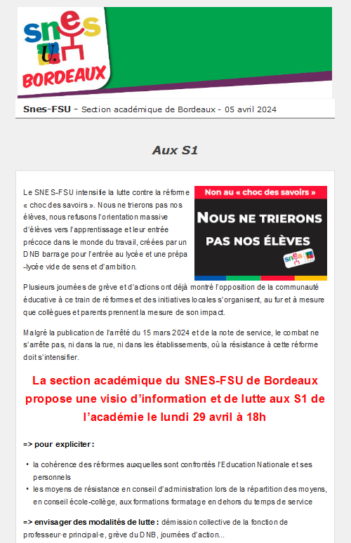 Lettre d'information académique - Aux S1 - 11 avril 2024