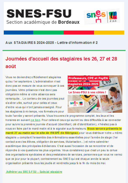 lettre d'information stagiaires - 26 août 2024