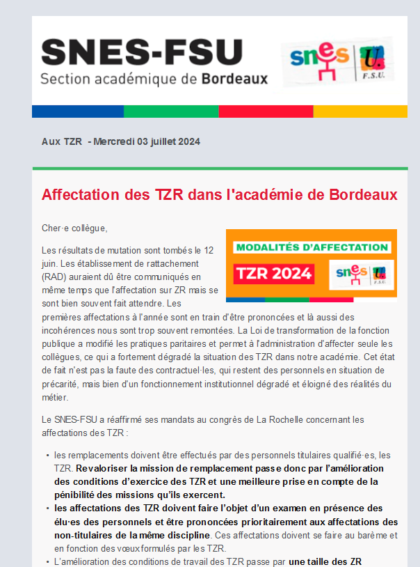 Lettre d'information TZR - 03 juillet 2024