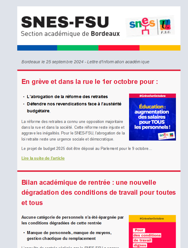 Lettre d'information académique - 25 septembre 2024